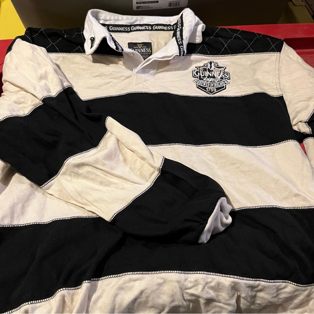 Guinness Rugby Shirt with Brewed in Dublin Crest Badge, Cream and Black Stripes